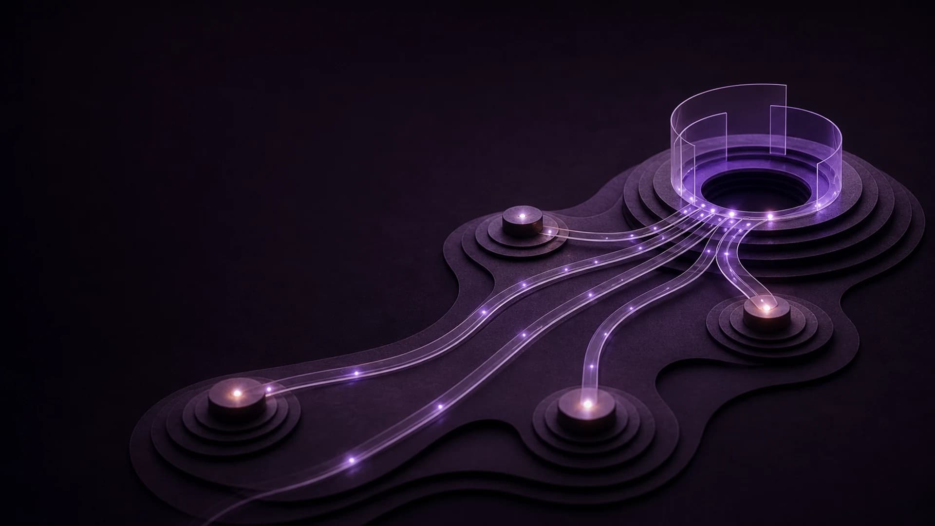 Escena tridimensional: cuatro nodos de luz sobre un terreno oscuro, con filamentos que convergen en un anillo de vidrio violeta.