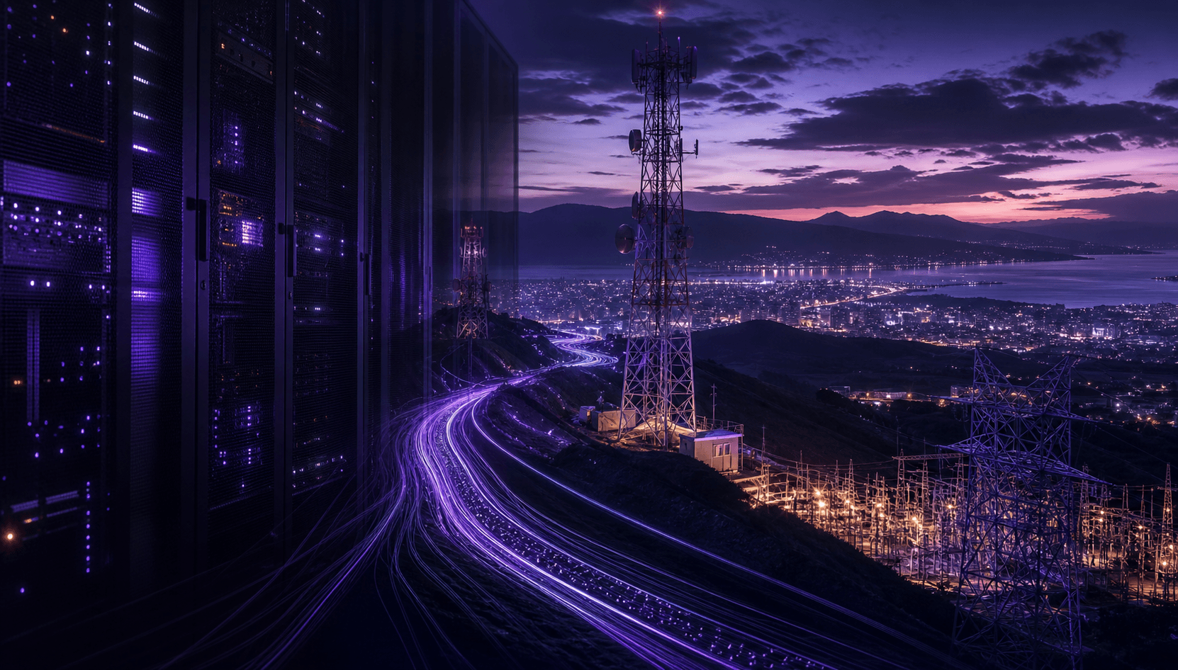 Composición al anochecer: filas de racks iluminados en violeta a la izquierda, una torre de telecomunicaciones sobre una loma y una ciudad encendida al fondo, con estelas de luz recorriendo el terreno.
