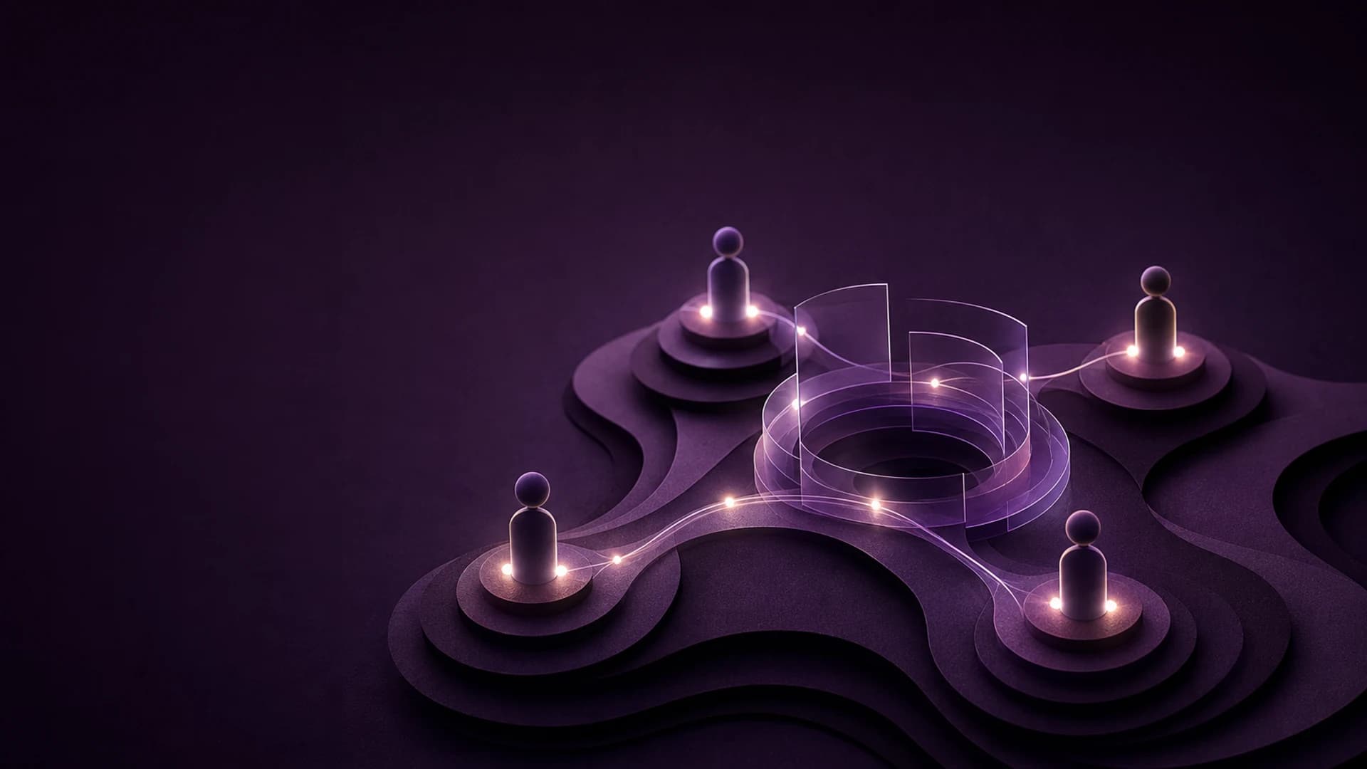 Escena tridimensional sobre un terreno de curvas de nivel violeta: cinco figuras sobre pedestales, unidas por filamentos de luz alrededor de un anillo de vidrio.