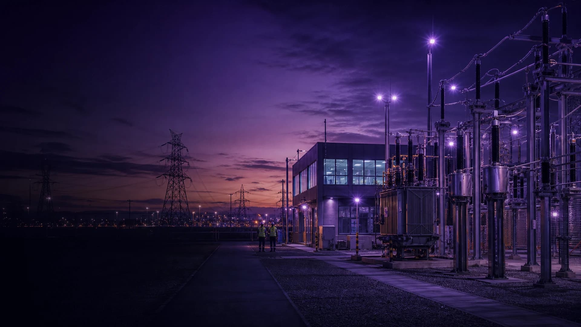 Una subestación eléctrica al anochecer, con torres de alta tensión, luminarias violetas y dos operarios de chaleco reflectivo caminando por el pavimento.