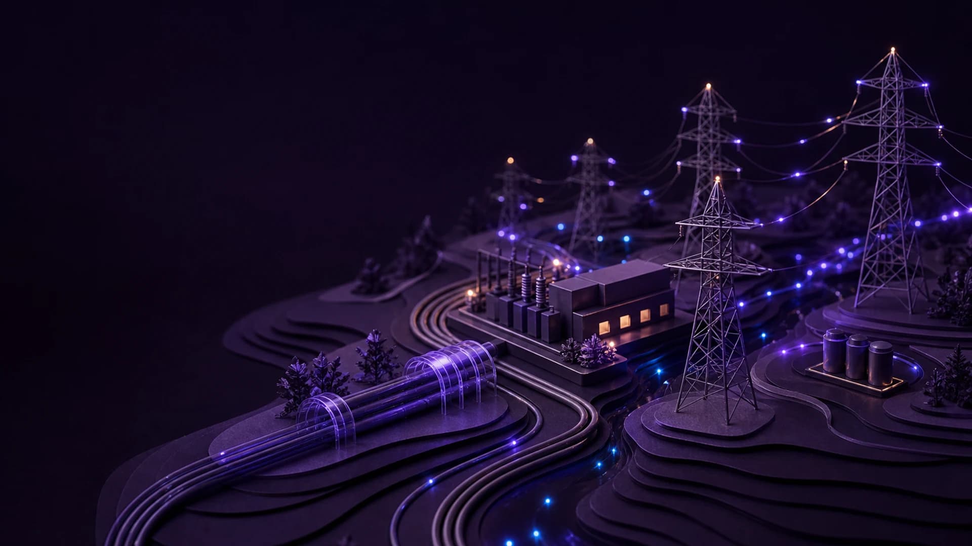 Maqueta tridimensional de una red eléctrica: torres de alta tensión, una central y conductos de luz violeta atravesando un terreno de curvas de nivel.