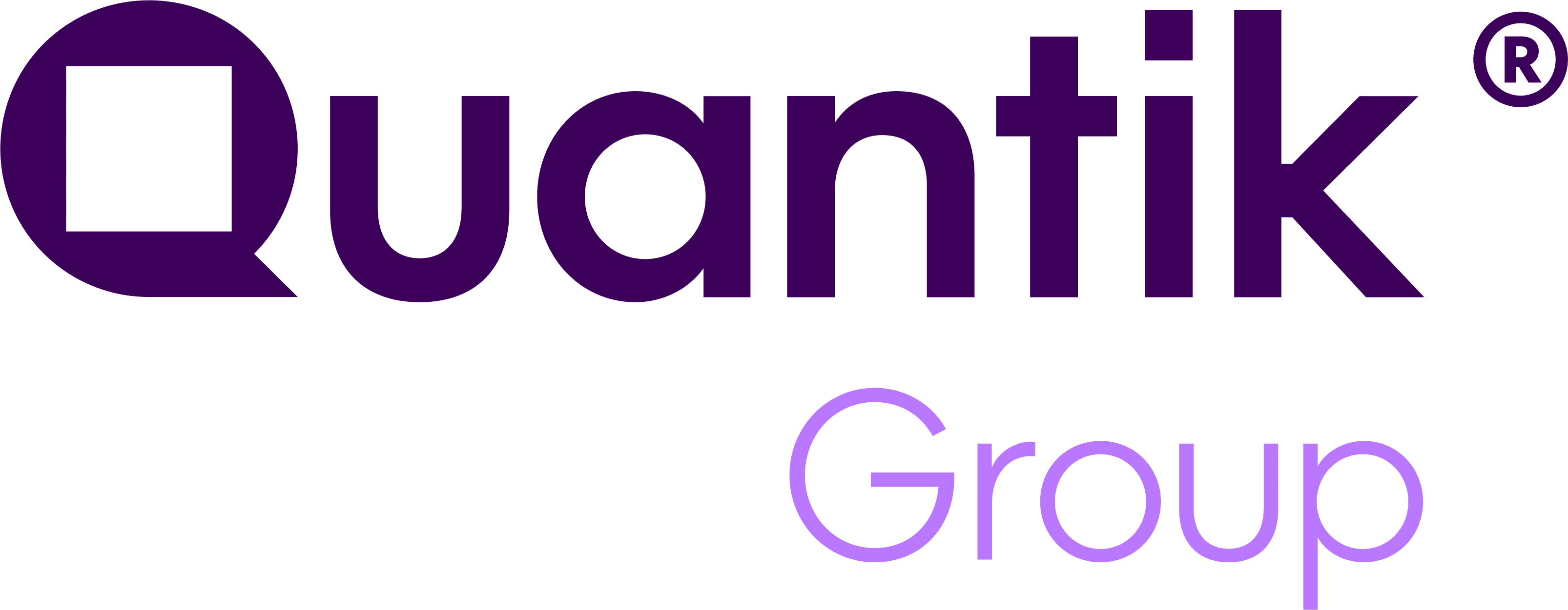 The Quantik Group lockup, stacked, with Quantik in Uva above Group in Lavanda